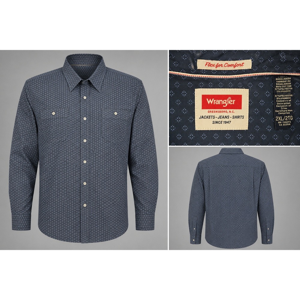 Wrangler Button Down Shirt Mens 2XL Navy Blue Excellent Flex Comfort Geometric